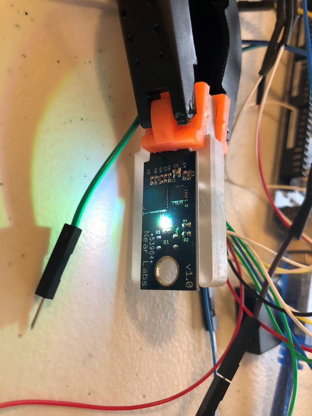  Working first revision of 3D printed jig and prototyped PCB.   